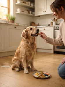 Dog owner giving a small portion of a human food treat to a dog