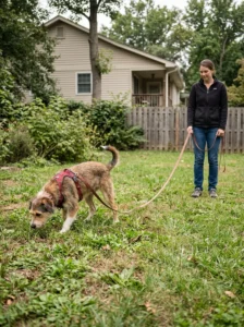 Newly adopted rescue dog exploring a quiet grassy area on a secure leash.
