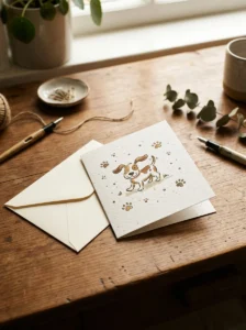 Dog birthday greeting card with a playful dog illustration and paw-print details.