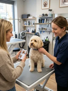 Dog owner showing a groomer teddy bear haircut reference for a fluffy Cavapoo