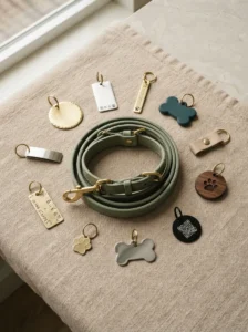 Different stylish dog tag ideas including metal, silicone, leather, wood, and shaped tags
