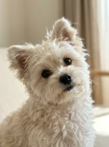 Small fluffy dog looking toward the camera for a cute phone wallpaper.