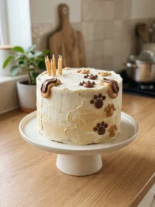 Homemade dog lover cake decorated with buttercream paw prints and breed-inspired details.