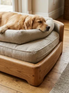 Durable wooden dog bed furniture with smooth edges and a washable neutral cushion.
Copy alt