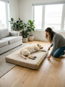 Large Labrador retriever relaxing on an extended dog bed with extra cushion space.