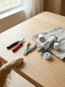 Dog nail clippers, a nail grinder, and styptic powder for nail care