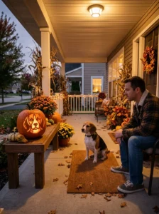Dog-themed Halloween pumpkin illuminated by an LED light in a pet-safe porch display.
