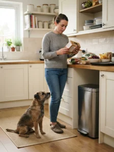 Dog owner checking food labels and keeping unsafe foods away from a dog