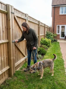 Owner checking a secure garden gate while keeping a newly adopted rescue dog safely harnessed.