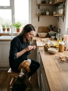 Owner checking a homemade dog biscuit before serving it to a beagle.