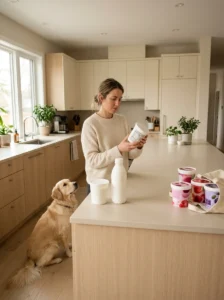 Dog owner checking yogurt and kefir ingredients for unsafe additives