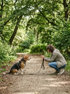Owner safely photographing a leashed beagle on a shaded park path.