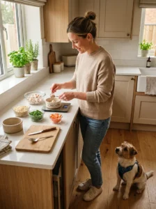 Dog owner preparing small portions of safe human foods for a dog