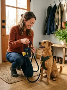 Dog owner attaching a DIY poop bag holder before a walk