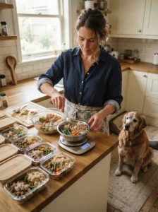 Dog owner weighing and portioning homemade meals for consistent feeding