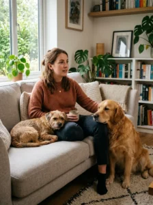 Dog owner with small and large dogs while considering the right breed