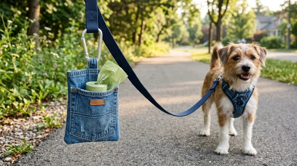 DIY dog poop bag holder made from an old jeans pocket attached to a leash