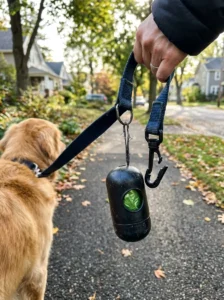 Bulky dog poop bag holder attached to a leash during a walk