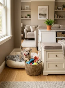 Woven basket and drawer used to organize squeaky dog toys