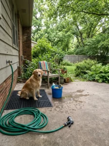 Outdoor dog washing area with a garden hose and non-slip patio.