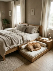 Dog sleeping in an attached bed beside its owner's bed