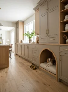 Custom built-in dog bed nook integrated into modern kitchen cabinetry.
Copy alt text