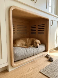 Spacious built-in dog bed nook with a clear entrance and ventilated design.