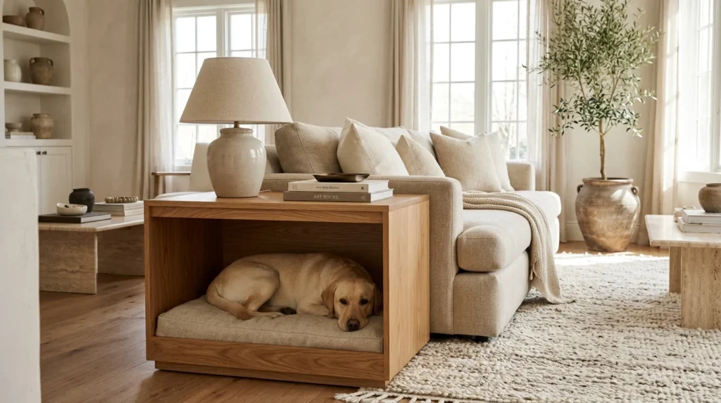 Stylish wooden dog bed furniture integrated into a neutral living room beside a beige sofa.