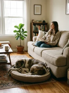 New rescue dog relaxing beside its owner in a quiet living room.