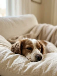 Sleepy dog positioned below the clock area for a clear phone lockscreen.