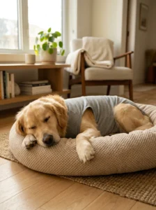 Comfortable dog wearing a DIY surgery recovery suit at home