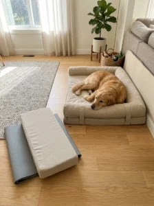 Large dog bed extension with a matching cushion and alternative DIY extender materials.
Copy alt text