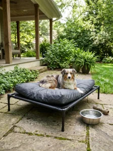 Outdoor dog bed ideas featuring a raised cot and weather-resistant cushion