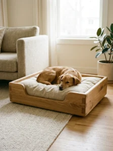 Sturdy wooden dog bed with a thick cream cushion in a neutral living room