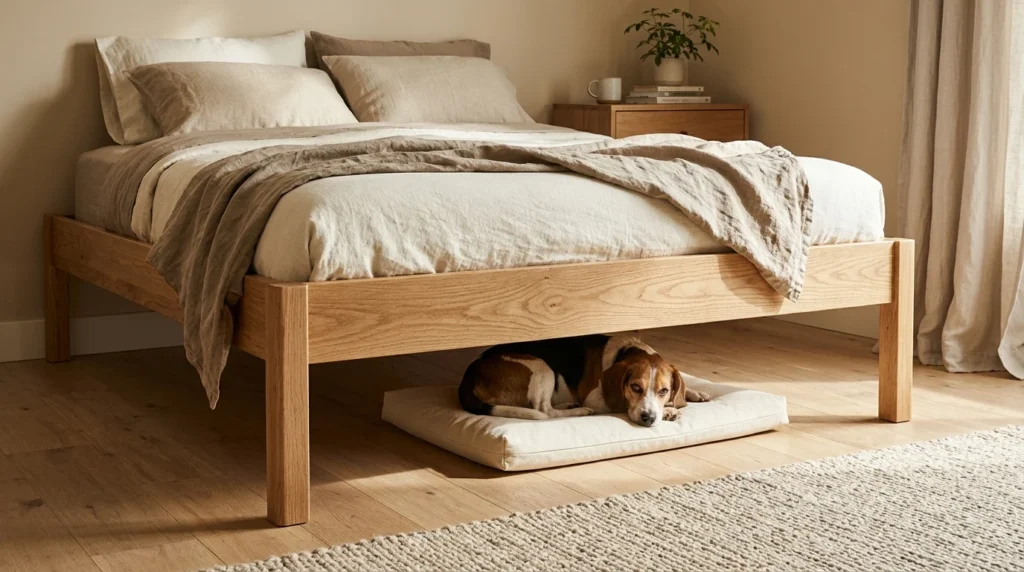 Beagle resting on a dog bed tucked under a wooden bed frame
