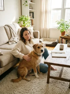 Newly adopted dog beside a notebook for choosing a suitable dog name.