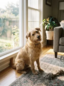 Dog photographed in soft natural window light for a beautiful phone wallpaper.