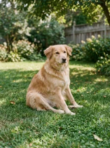 Relaxed dog photographed safely outdoors in natural light.