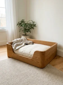 Safe wooden dog bed with rounded edges, a washable cushion and clear surrounding space.