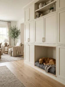 Built-in dog bed integrated into home cabinetry to save floor space.
