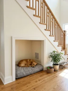 Open under-stairs dog bed nook with a clear entrance and tidy surroundings
Copy prompt