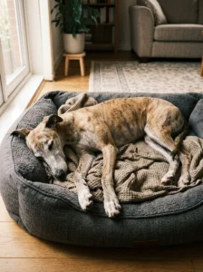 Rescue dog sleeping peacefully on a comfortable bed as it settles into its new home.