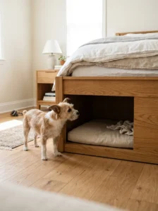 Small dog exploring an open sleeping nook under a bed