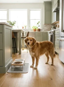 Dog standing beside separate food and water bowls in a clean feeding station.