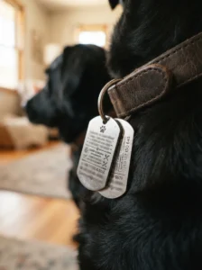 Double-sided engraved dog tag attached to a dog's collar