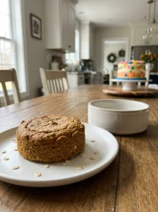 Plain homemade pumpkin dog treat cake served separately from a human birthday cake.