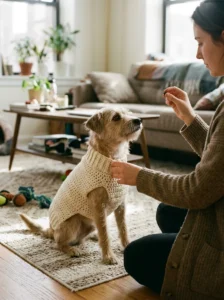 Owner checking the fit of a crochet dog sweater while rewarding a calm dog.
