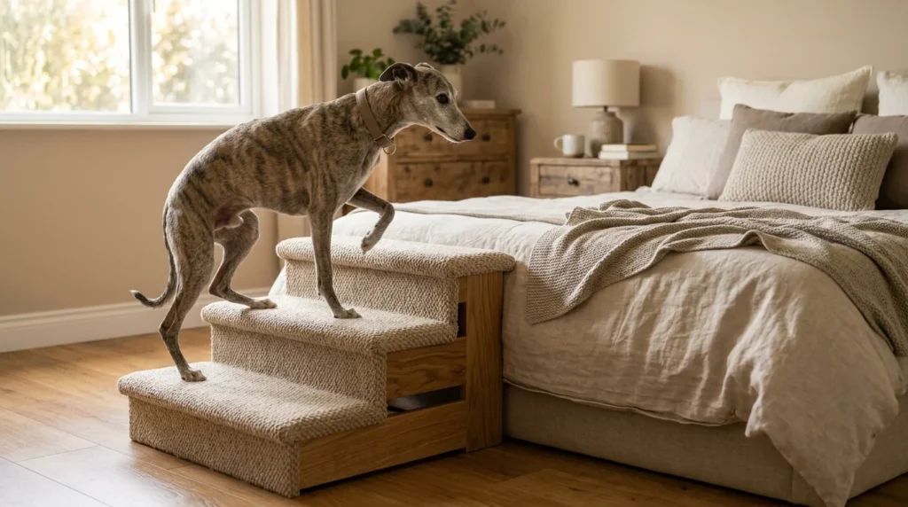 Older Whippet using handmade dog steps to climb onto a bed