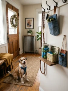 DIY dog poop bag holders organized near a home entryway