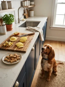 Apple slices prepared without seeds or core for dog treats